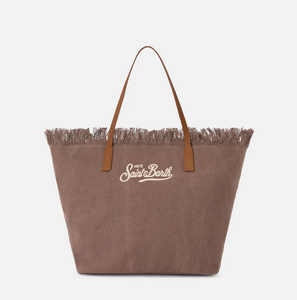 Borsa City regular in canvas marrone con frange