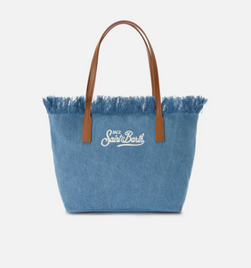 Borsa shopper City medium in tessuto denim con frange