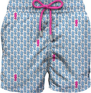 Costume da bagno da uomo in tessuto leggero con stampa cavallino marino azzurro  e fucsia