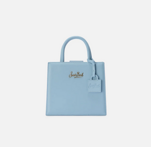 Borsa Shop mini strutturata in pelle liscia azzurra con targhetta metallica