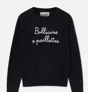 Maglia girocollo Tessa nera in misto lana e cashmere con ricamo Bollicine E Paillettes