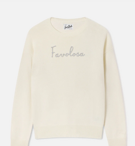 Maglia girocollo Tessa off white in misto lana e cashmere con ricamo Favolosa